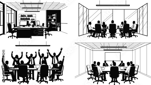 Four black and white of people in office meeting rooms with different activities and settings