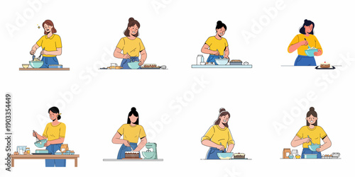 Happy women baking illustrations set, mixing dough, frosting cakes, and preparing delicious homemade desserts in a modern flat style.