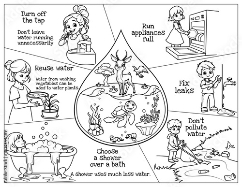 Children's poster on water conservation and protection. Coloring page for World Water Day.