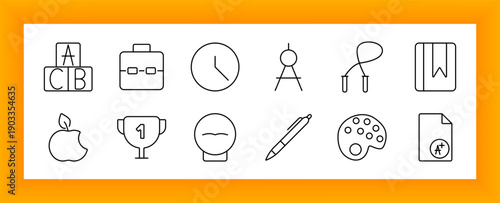 Education and school set icon. Apple, medal, clock, backpack, pen, compass, jump rope, book, paint palette, and grade paper illustrated to show learning, art, fitness, and academics.