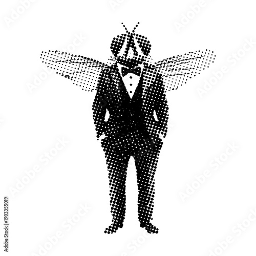 fly dressed in a classic tuxedo and bow tie illustration in retro halftone style, dot art