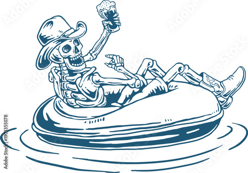 Funny Cowboy Skeleton Drinking Beer on Float Hand Drawn, Vintage Western Vector Illustration