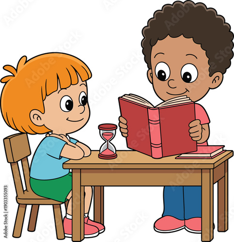 Cute cartoon children reading and learning together at table with books and hourglass, ideal for early education, preschool learning, tutoring concepts, and kids illustrations