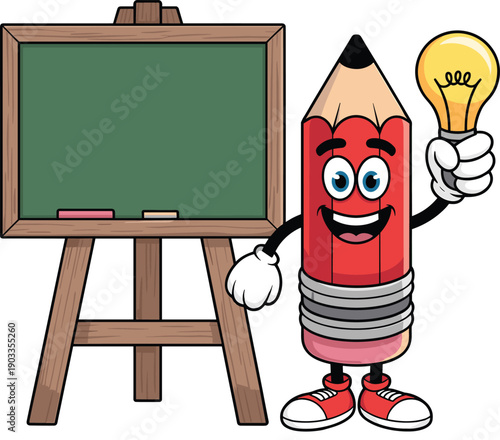 Cartoon pencil character holding light bulb beside chalkboard illustration, creative education concept, learning mascot design, flat vector style, isolated on white background