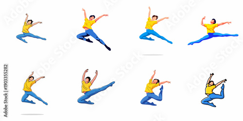 Dynamic Set of Eight Vector Illustrations Featuring a Contemporary Dancer in Athletic Leaping and Jumping Poses.