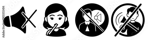 Silhouette icons of communication problems and censorship vector illustration set