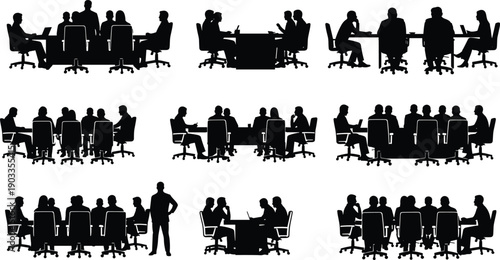 Silhouettes of people sitting around rectangular tables in various meeting arrangements chairs