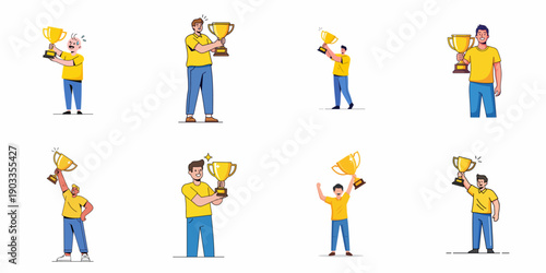 Happy men celebrating success and victory holding golden trophies, a collection of 8 cartoon illustrations on white background.