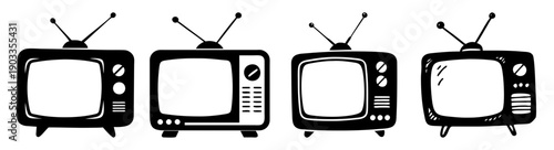 Set of four vintage black retro television icons isolated on white background