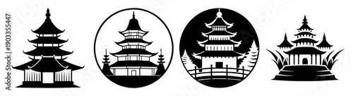 Traditional Chinese pagoda vector icons set black white minimalist architecture design