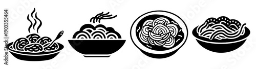 Steaming hot noodle bowls with chopsticks and ramen illustration minimalist black and white