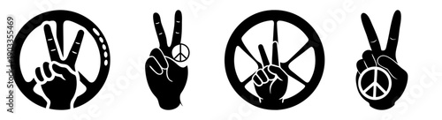 Peace love and unity symbols set black hand gestures vector illustration isolated on white background
