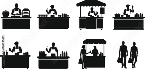 Silhouettes of people working at food stalls and interacting at a market black and white