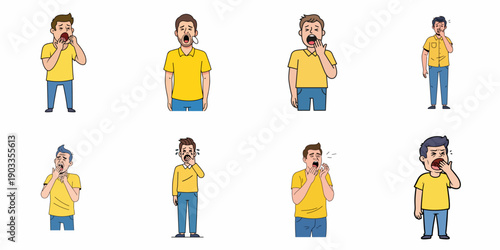 Vector cartoon set of tired young men yawning, covering their mouths, showing sleepiness, boredom, or exhaustion symptoms isolated on white.