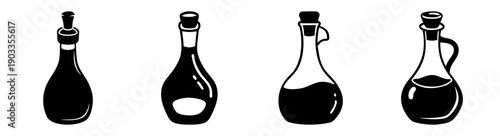 Set of four black glass laboratory flasks isolated on white background minimal science
