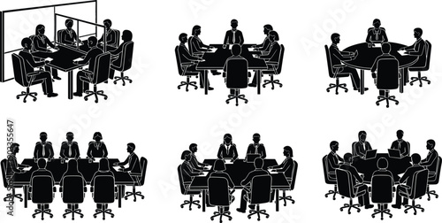 Six black and white of people sitting around conference tables in a business meeting setting 1