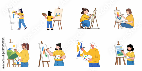 Diverse Women Painting on Easels Vector Set, Illustrating Creativity, Art Class, Hobby, and Artistic Expression.
