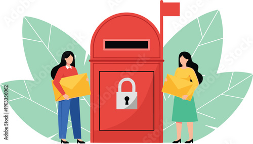 Two women holding envelopes standing next to a red mailbox with a white lock and a red flag on