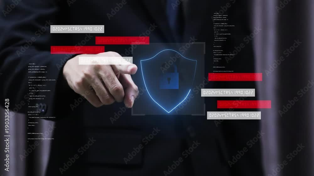 Businessman presenting digital shield with secure lock and binary code ...