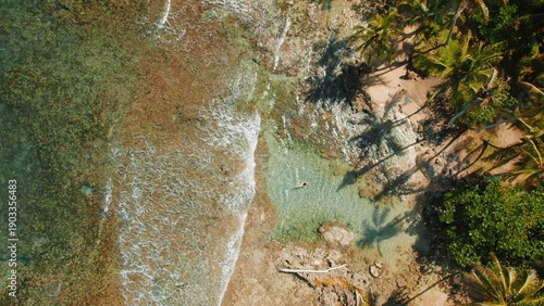 Wallpaper Mural Woman floating in clear tidal pool by tropical sandy beach with lush palm trees in sunshine. Torontodigital.ca