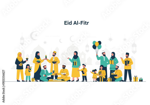Celebrating Eid Al-Fitr with family and friends in joyful gathering outdoors on a festive day