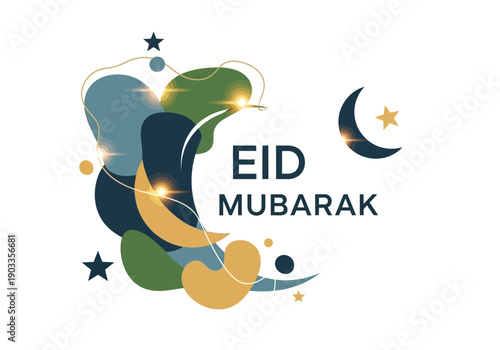 Celebrating Eid Mubarak with vibrant illustrations of crescent moon and stars in a festive atmosphere