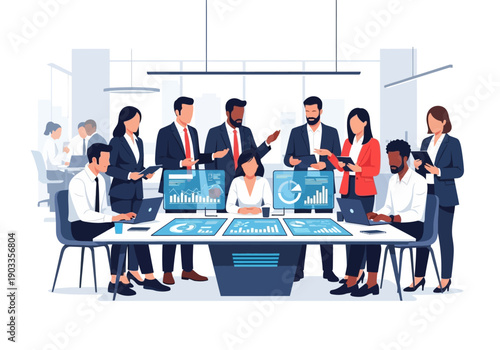 Diverse professionals collaborating around a large table with digital screens in a modern office environment from a slightly elevated viewpoint