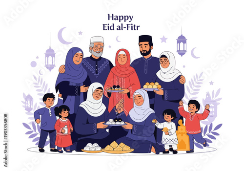 A joyful Muslim family celebrating Eid al-Fitr together at home with traditional clothing and festive decorations