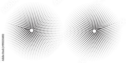 Black halftone dots swirl and twist into a vortex shape, creating a dynamic, abstract pattern on a white background.