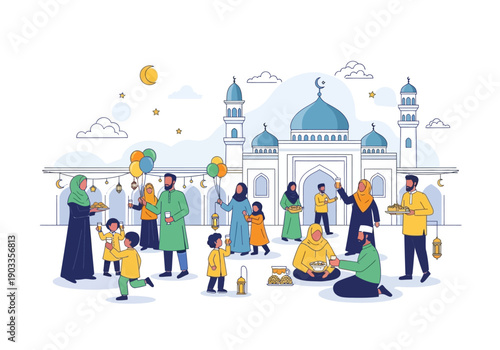 Family and friends celebrating Eid al-Fitr together outside a mosque with balloons, decorations, and traditional clothing