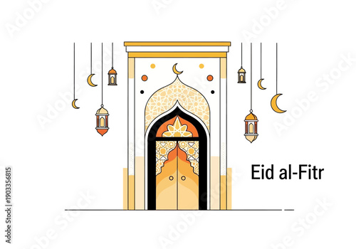 Eid al-Fitr celebration illustration featuring arched doorway, lanterns, and crescent moons hanging from doorway in a festive environment