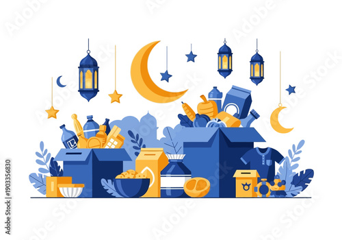 Celebrating Ramadan with Gift Boxes and Lanterns under Starry Night Sky