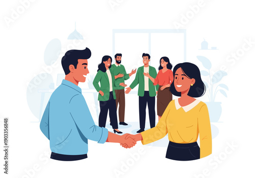 Diverse professionals collaborating in a modern office setting handshake illustration