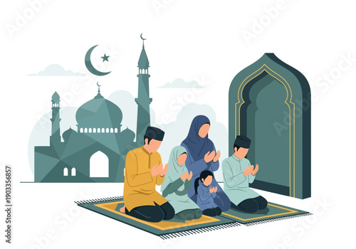 Family Praying Together in Front of Mosque Illustration