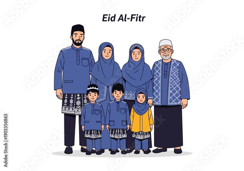 Family Celebrating Eid Al-Fitr Together in Traditional Attire Standing United