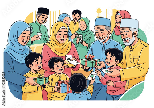 A joyful family gathering during Eid celebration with gift exchange in a cozy living room setting from a front viewpoint