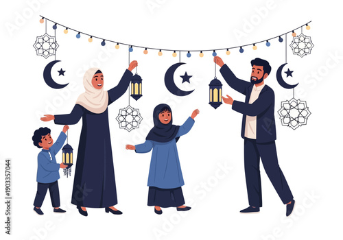 A joyful Muslim family celebrates a festive occasion with lanterns and decorations hanging from above, viewed from a slight angle