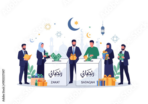 People donating and receiving charitable donations during Ramadan in a cityscape