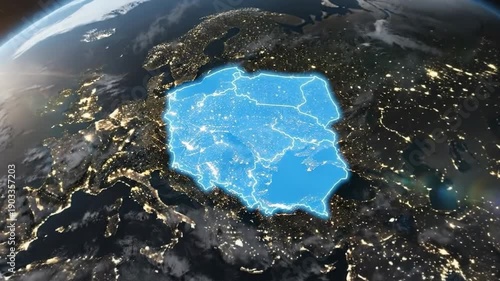 Poland map is highlighted on the Earth globe at night, showing the country's location and borders.