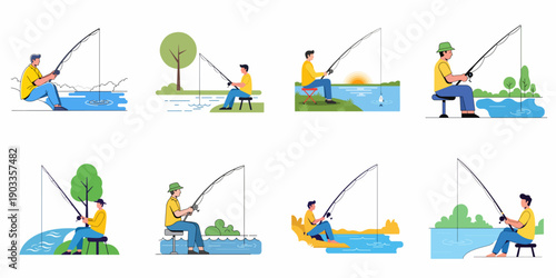 Collection of flat vector illustrations depicting men fishing in natural landscapes, enjoying outdoor recreation and relaxation by the water.