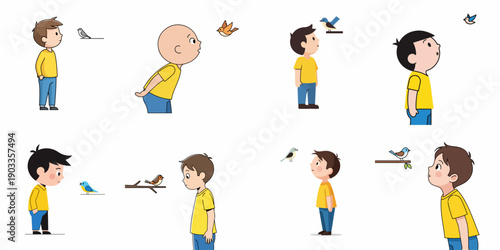 A vector illustration set of young diverse boys in yellow shirts watching and observing various small, colorful birds against a clean white background.