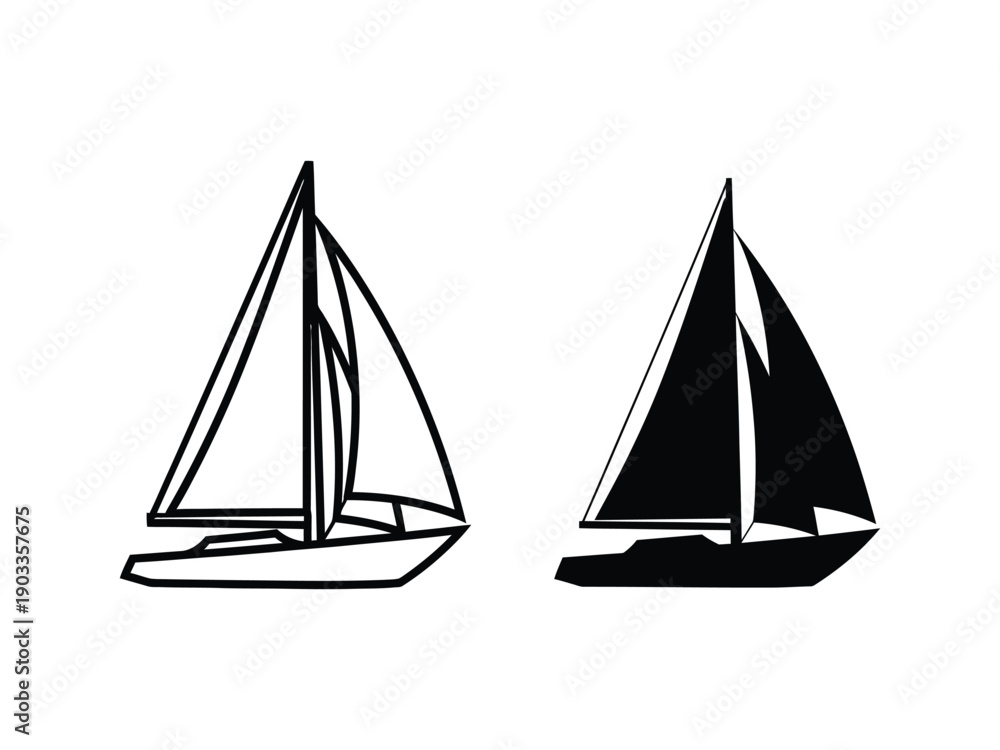 Fototapeta premium Pair of sailboats, one outlined and one solid silhouette, representing sailing and travel