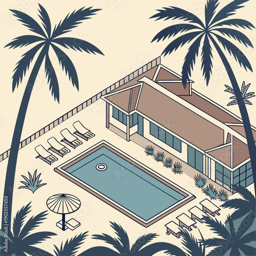 Modern house with a pool surrounded by palm trees in a warm climate during daylight Generative AI