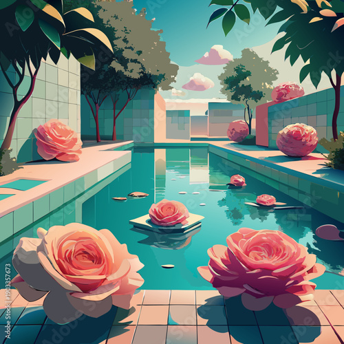 Colorful roses float on water in a garden pool surrounded by trees and blue sky during midday Generative AI