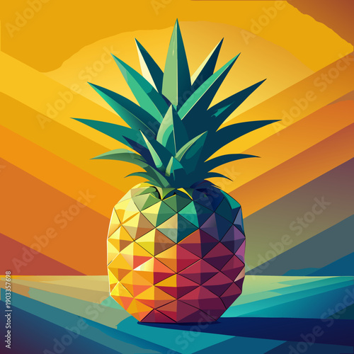 Pineapple sits on table with colorful background showing bright shades in orange and yellow during daytime Generative AI