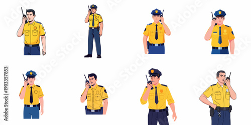 Eight character illustrations of male security professionals in yellow and blue uniforms using walkie-talkies for duty communication.