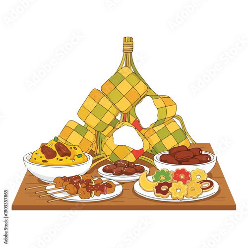 Traditional Southeast Asian celebratory foods and delicacies served during festive occasions, featuring rice cakes and sweet treats