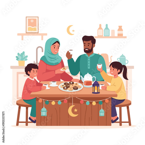 Muslim family enjoying a joyful Iftar meal together during Ramadan, celebrating togetherness and breaking the fast with traditional food and drinks in a warm home setting