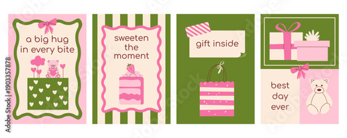 Sweet birthday cards set for girls with cute teddy bear, strawberry cake, gift boxes, gift bag. Modern retro flat vector minimalist illustration collection for kids party, nursery, celebration, poster
