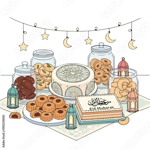 An enchanting spread of traditional sweet treats and pastries, beautifully arranged with festive decorations for a joyful cultural celebration